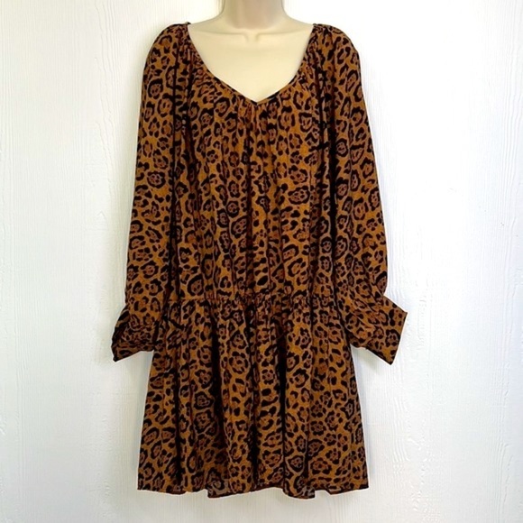 H&M - Brown & Black Cheetah Print Long Sleeve Tunic Tiered Dress Size Medium - Picture 2 of 11